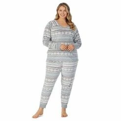 Plus Size Cuddl Duds® Velour Fleece V-Neck Pajama Top And Banded Bottom Pajama Pants Sleep Set Navy Multi Dots -Cuddl Duds shop unnamed file 1175