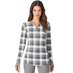 Women's Cuddl Duds® Long Sleeve Split V-Neck Stretch Thermal Top Grey Buffalo Check