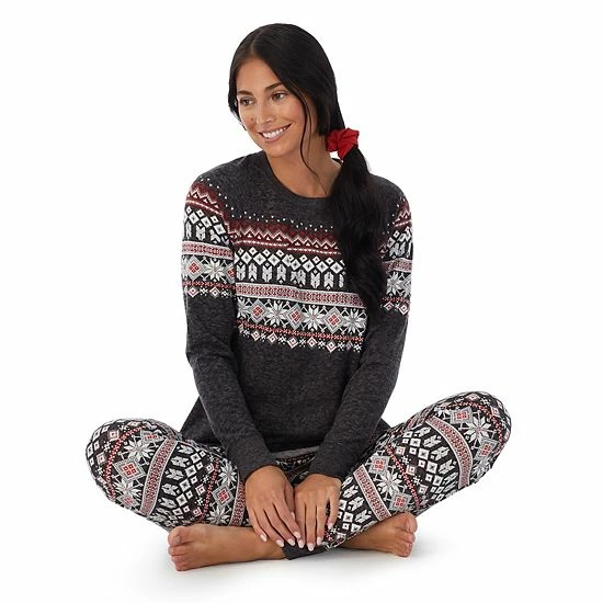Women's Cuddl Duds 3-pc. Knit Long Sleeve Pajama Top, Banded Bottom Pajama Pants & Scrunchie Set Red Flake Fairisle 4 Women's Cuddl Duds 3-pc. Knit Long Sleeve Pajama Top, Banded Bottom Pajama Pants & Scrunchie Set Red Flake Fairisle - Image 4