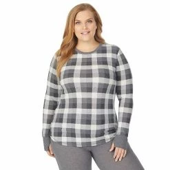 Plus Size Cuddl Duds® Long Sleeve Crewneck Stretch Thermal Top Grey Multi Fairisle
