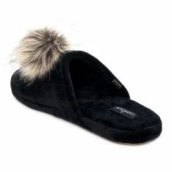 Women's Cuddl Duds® Velour Scuff With Velour Lining & Faux Fur Pom TPR Cup Sole Slippers Black -Cuddl Duds shop unnamed file 2392