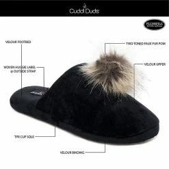 Women's Cuddl Duds® Velour Scuff With Velour Lining & Faux Fur Pom TPR Cup Sole Slippers Black -Cuddl Duds shop unnamed file 2394