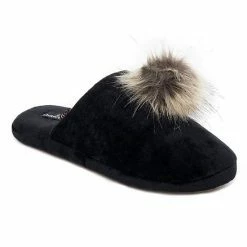 Women's Cuddl Duds® Velour Scuff With Velour Lining & Faux Fur Pom TPR Cup Sole Slippers Black -Cuddl Duds shop unnamed file 2395