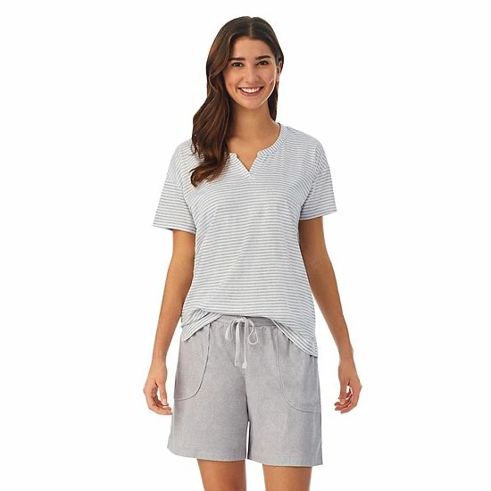 Women's Cuddl Duds® Far-Infrared Enhance Short Sleeve Pajama Top & Pajama Shorts Sleep Set Gray White Stripe 4 Women's Cuddl Duds® Far-Infrared Enhance Short Sleeve Pajama Top & Pajama Shorts Sleep Set Gray White Stripe - Image 4