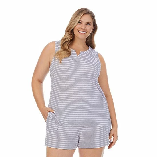 Plus Size Cuddl Duds® Far-Infrared Enhance Short Sleeve Pajama Tank Top & Pajama Shorts Sleep Set Blue Stripe 4 Plus Size Cuddl Duds® Far-Infrared Enhance Short Sleeve Pajama Tank Top & Pajama Shorts Sleep Set Blue Stripe - Image 4