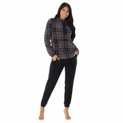 Women's Cuddl Duds Fleece Long Sleeve Pajama Top And Banded Bottom Pajama Pants Sleep Set Grey Oatmeal Plaid