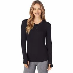 Women's Cuddl Duds® Softwear With Stretch Ribbed Long Sleeve Henley Top Black